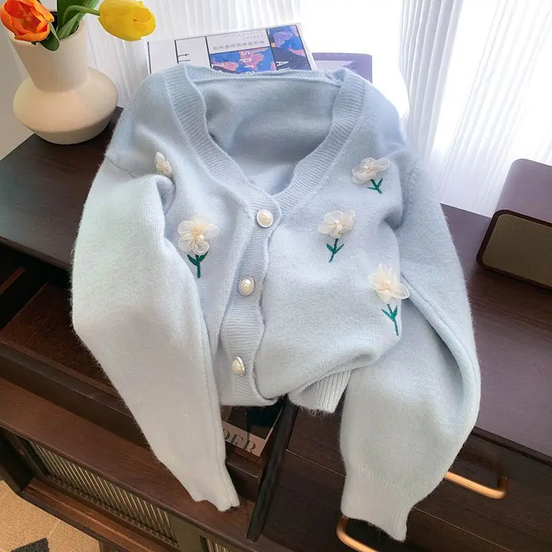 

2024, весенне-осенний женский однобортный свитер с v-образным вырезом, женский модный вязаный кардиган с цветочным принтом и бисером