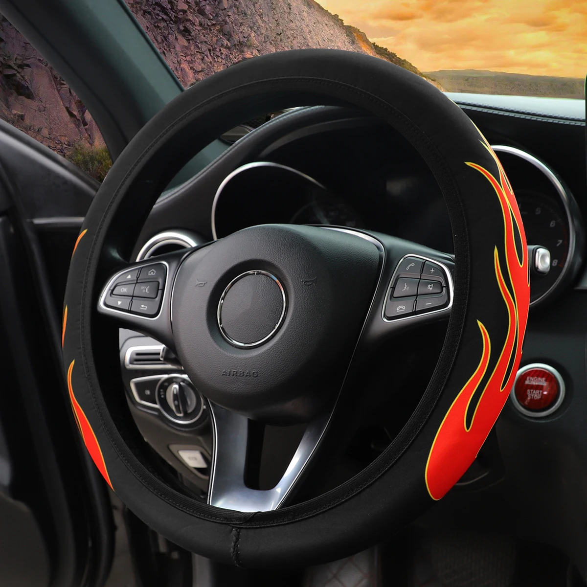 1 Flammenstoff, wasserdicht, rutschfest, für Automobilzubehör, Lenkradabdeckung ohne Innenring, passend für 14,5–15 Zoll – Detail 4