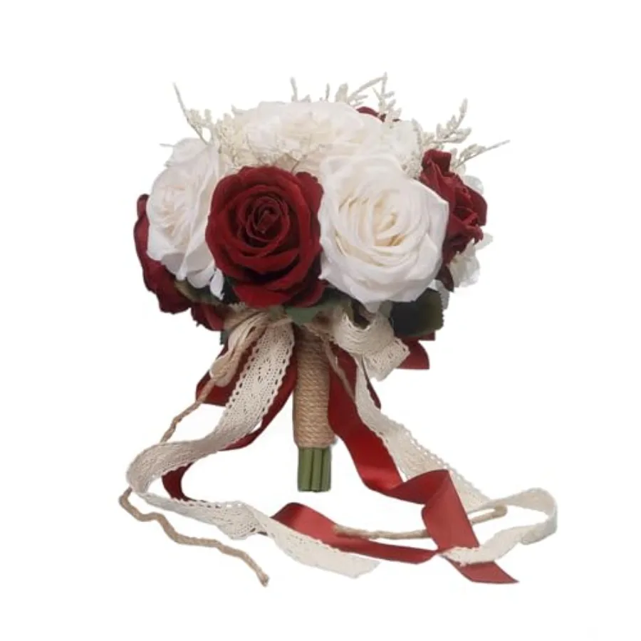 Wedding Bouquets for Bride, Bridal Bridesmaid Wedding Flowers, Artificial Toss Rose for Civil Ceremony Jute Rope Handle