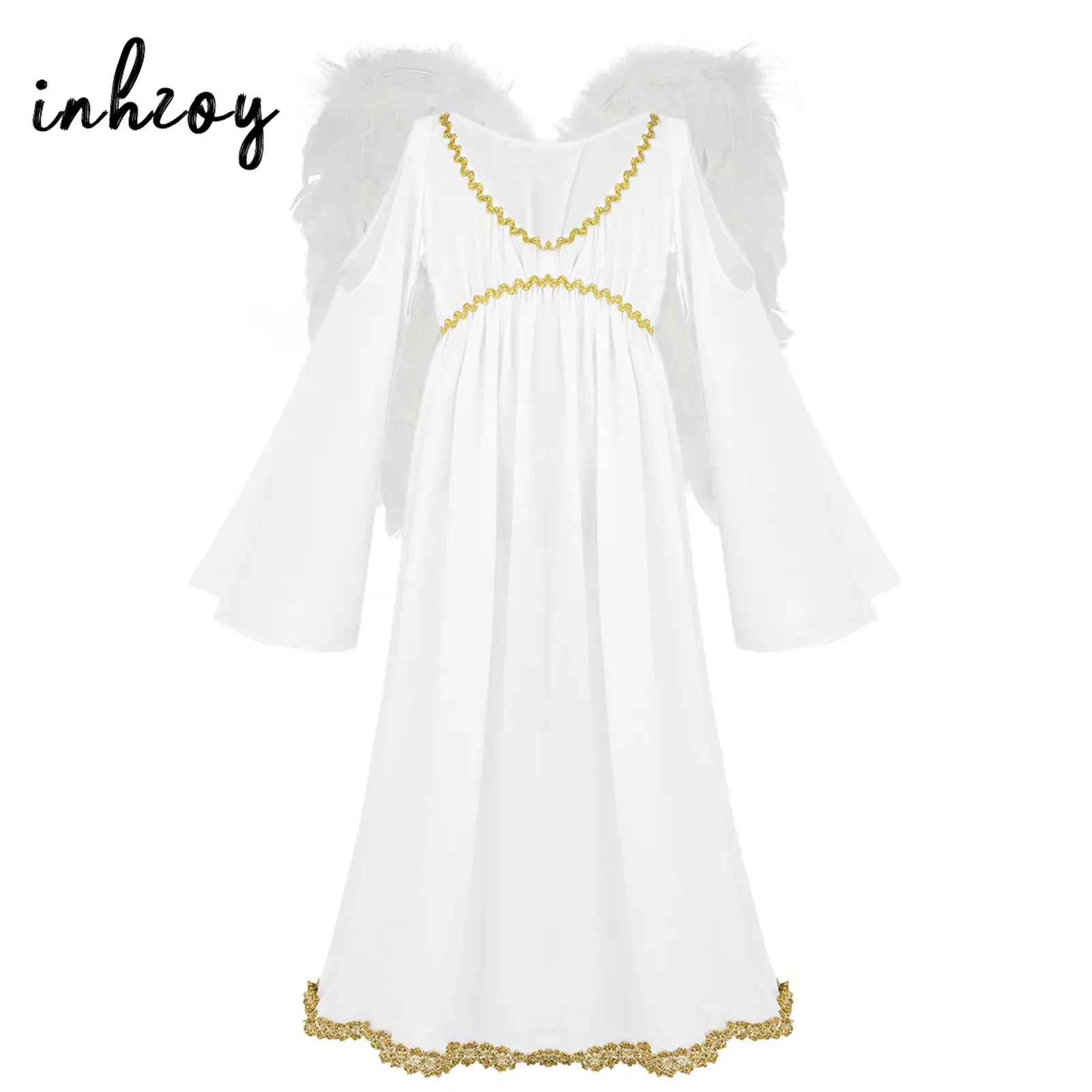 

White Angel Costume Girls Greek Princess Dress with Feather Angel Wings Cosplay Outfit for Halloween Party Carnival Performance