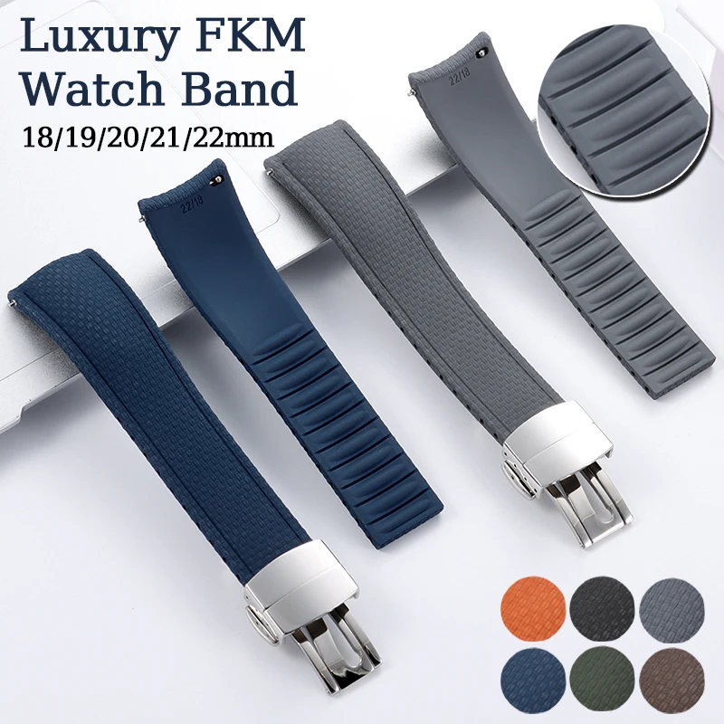 Luxury FKM Rubber Watch Strap 18/19/20/21/22mm Waterproof Inner Groove Quick Release Band for Men Diving Sports Business Wear