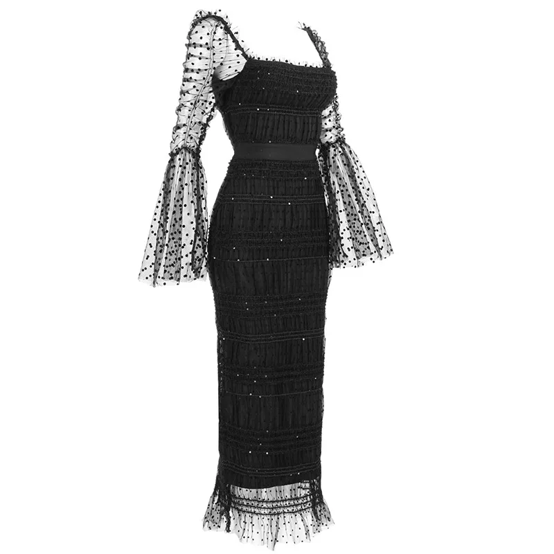 Robe de soirée élégante en maille transparente noire, manches évasées, col carré, cintrée à la taille, nouvelle collection 2025