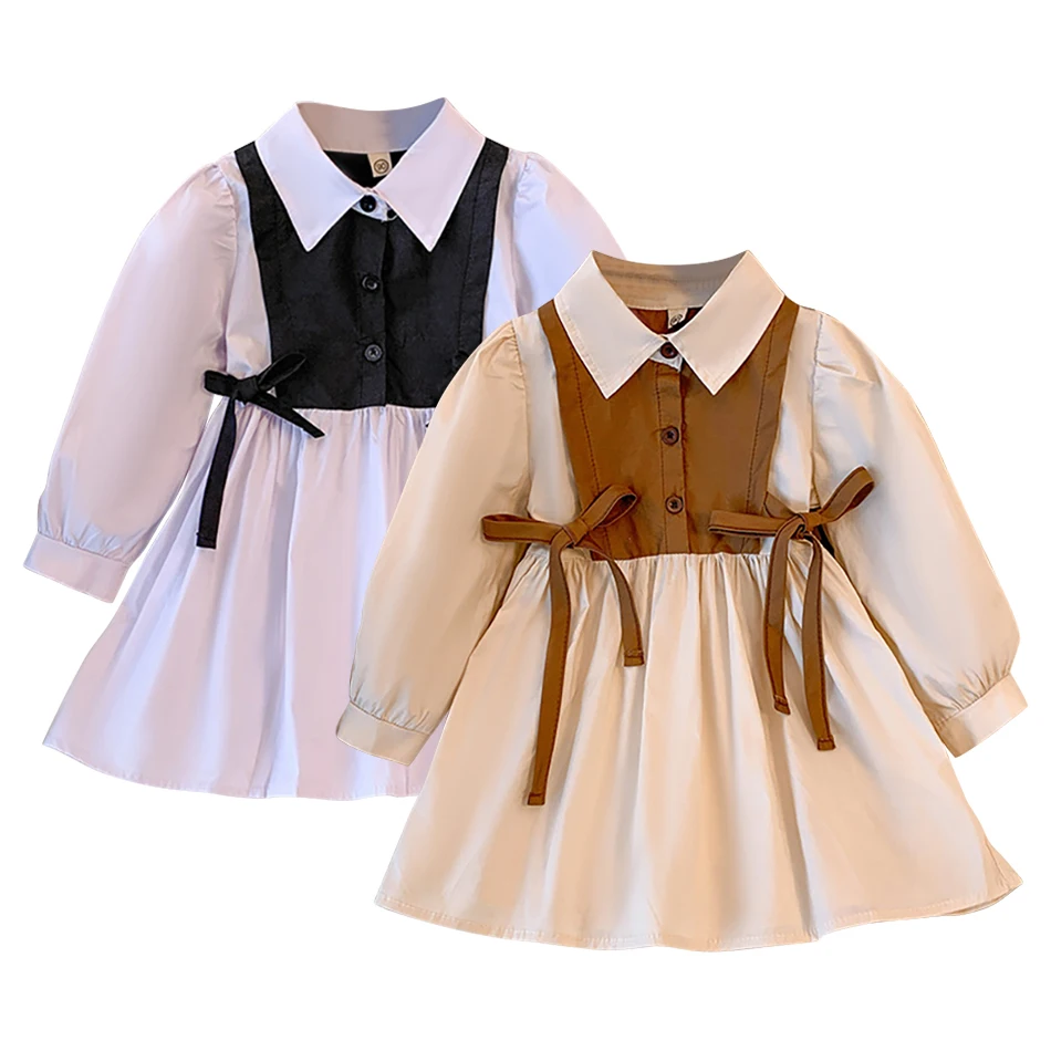 New Season Girls Autumn Casual Long Sleeve Dress with Long Sleeves Bowknot and Collar Layered Shirt Skirt for Little Fashionista