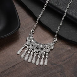 Ethnic Tibetan Silver Tassel Necklace for Women Vintage Flower Carved Crescent Shape Necklace Gypsy Indian Jewelry