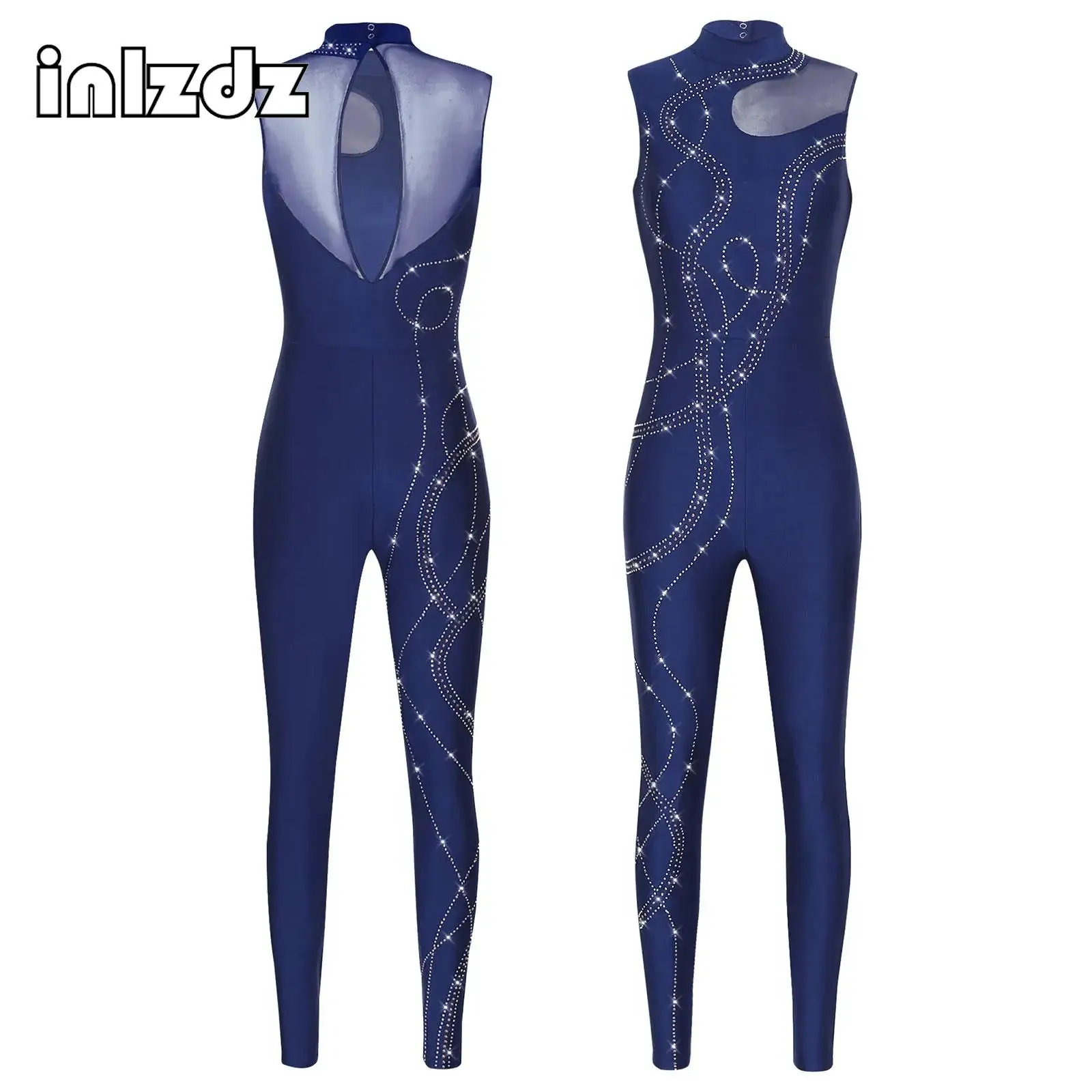 Women Rhinestone Gymnastic Jumpsuit Sleeveless Tank Leotard One Piece Ballet Tights Skating Workout Full Body Suit Dancewear