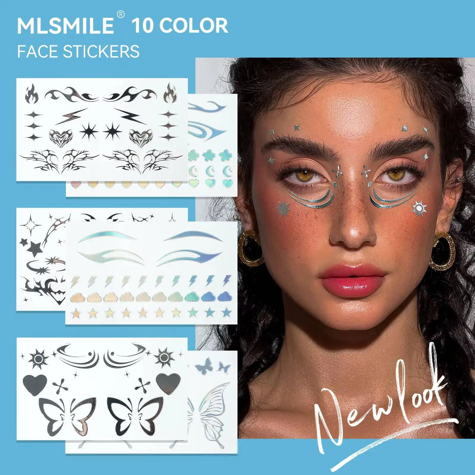 MLSMILE MLSMILE ホログラフィックフェイスタトゥーステッカー：防水3Dグリッターアイメイク＆アイライナーステッカー