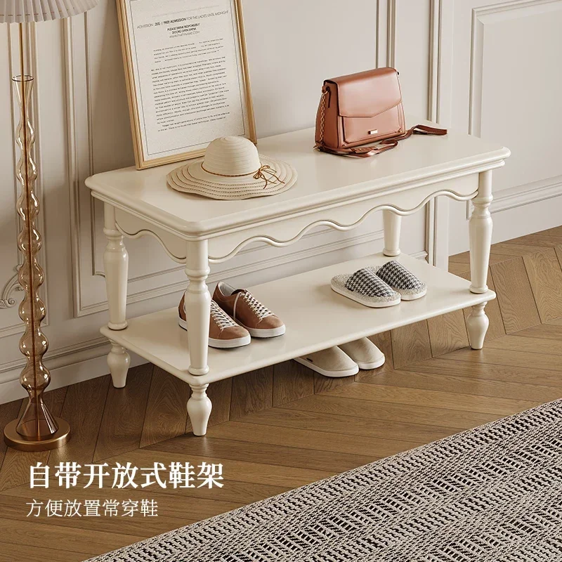 A French cream wind all solid wood shoe changing stool living room soft bag seat cushion shoe stool