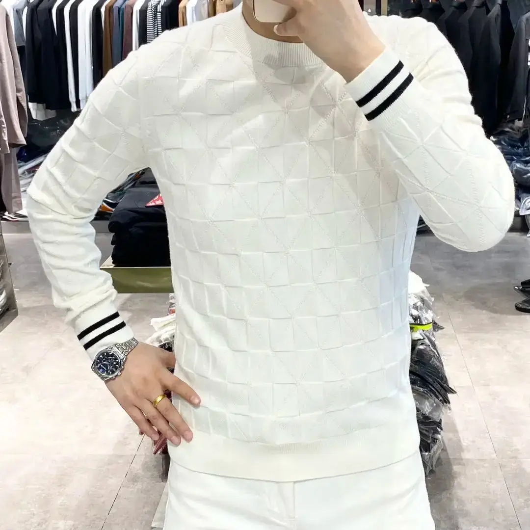 Spring Autumn Men's Knitted New Contrasted Color Casual Round Neck Sweater Base Fashionable Versatile Long Sleeve JJ695