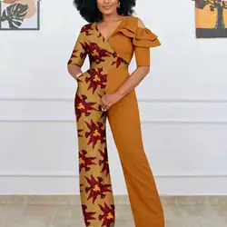 Afripride Africa Women's Jumpsuit Sexy Casual Ankara Printed Fabric Clashing Model with Belt Jumpsuit 2429002