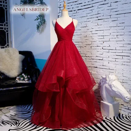 

Sexy Spaghetti Straps Prom Dress Princess Party Gowns V-Neck Ruffles Empire Waist Floor-Length Vestidos de festa Formal Dress