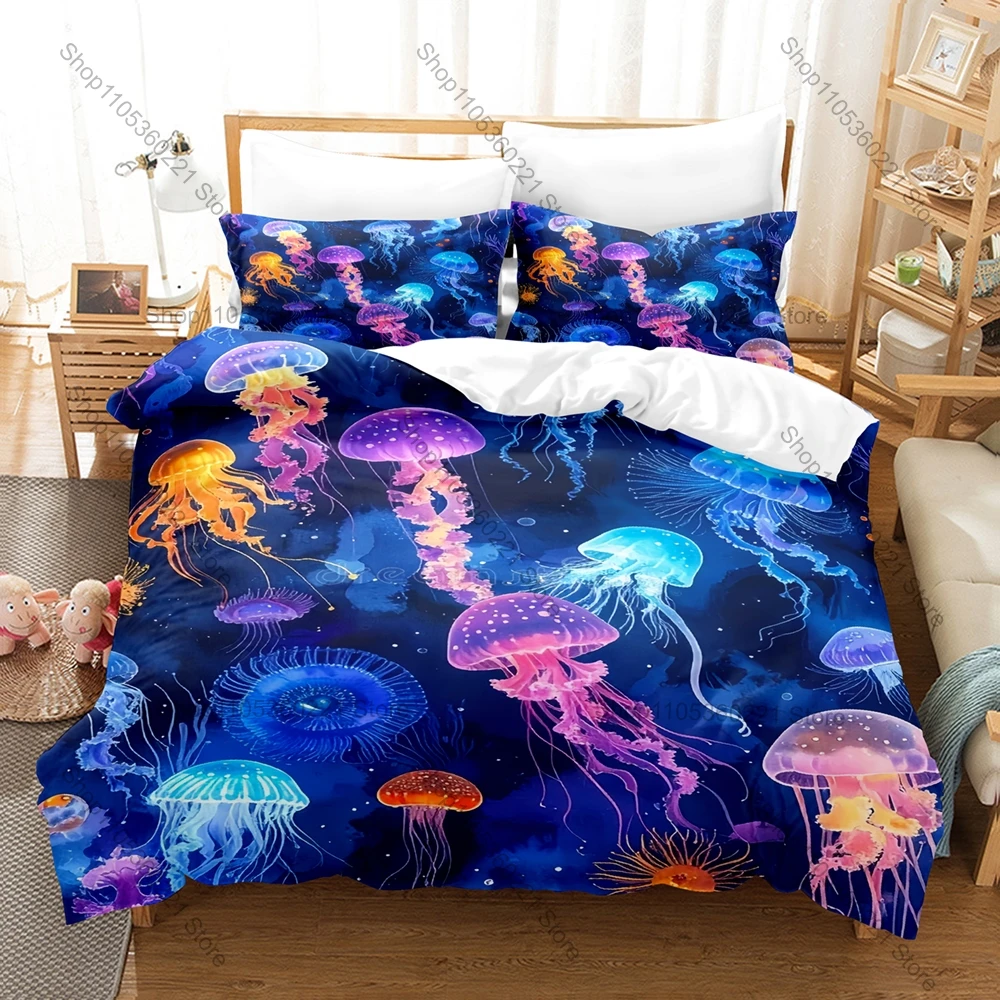 Colorful Jellyfish Pattern 3-Piece Bed Set Stylish Underwater Design Comfortable Duvet Cover Pillow Shams for Bedroom Dorm Home