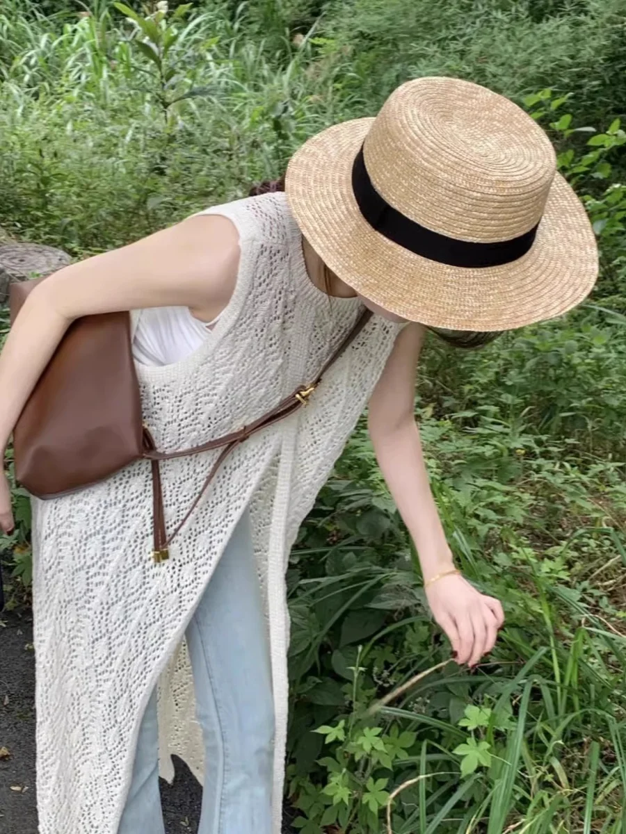 

Женский вязаный длинный топ с ажурным цветочным узором, весенне-летняя верхняя одежда, жилет свободного кроя с круглым вырезом