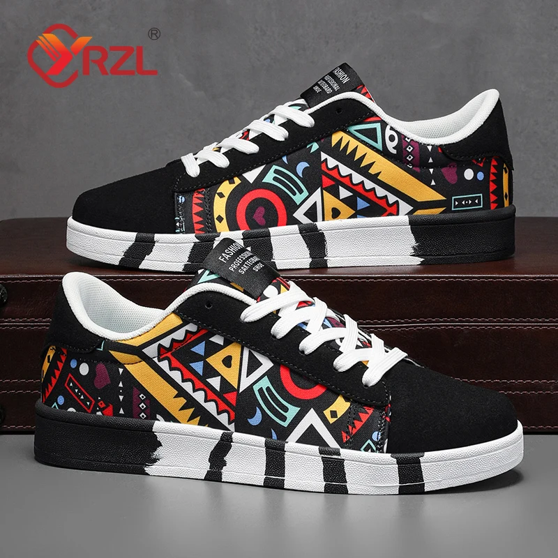 

YRZL Men's Sports Running Shoes Canvas Geometric Style Lace-Up Sneakers Couples' Fashionable Graffiti Print Skate Shoes Men