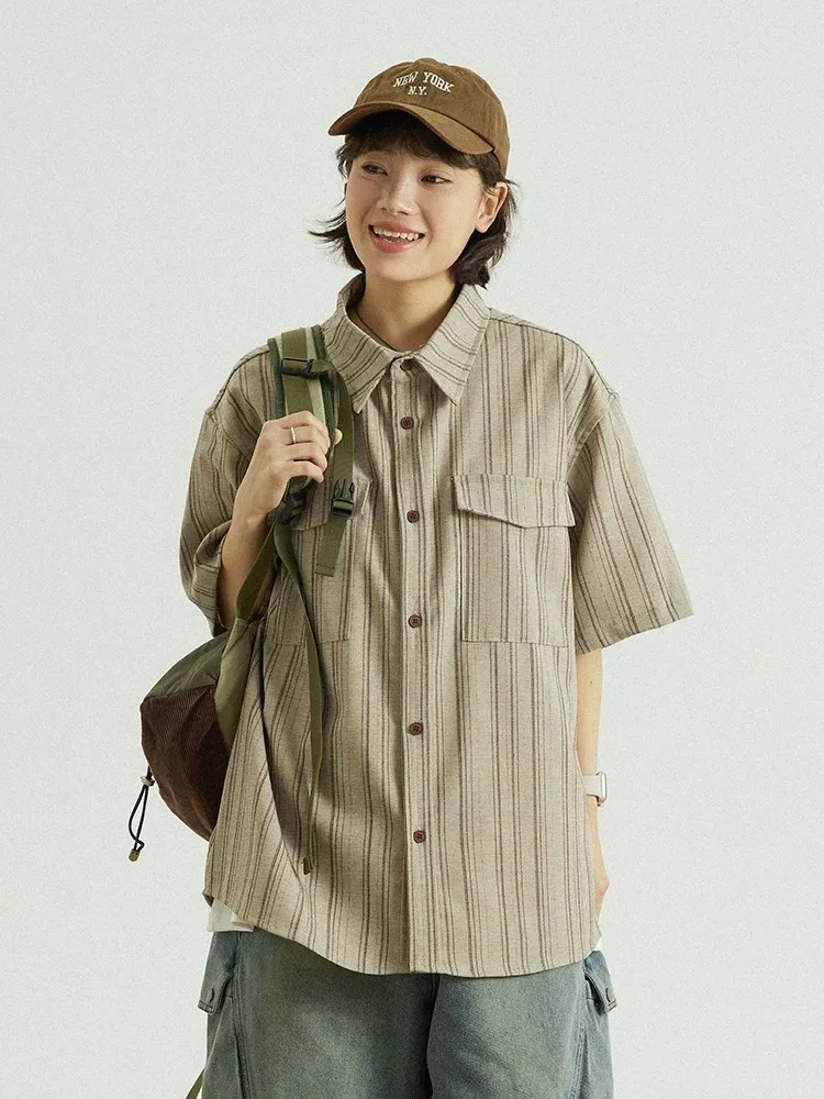 

GoodNorth Retro Japanese Style Striped Short Sleeve Shirt Loose Unisex Stylish Workwear Shirt for Men And Women