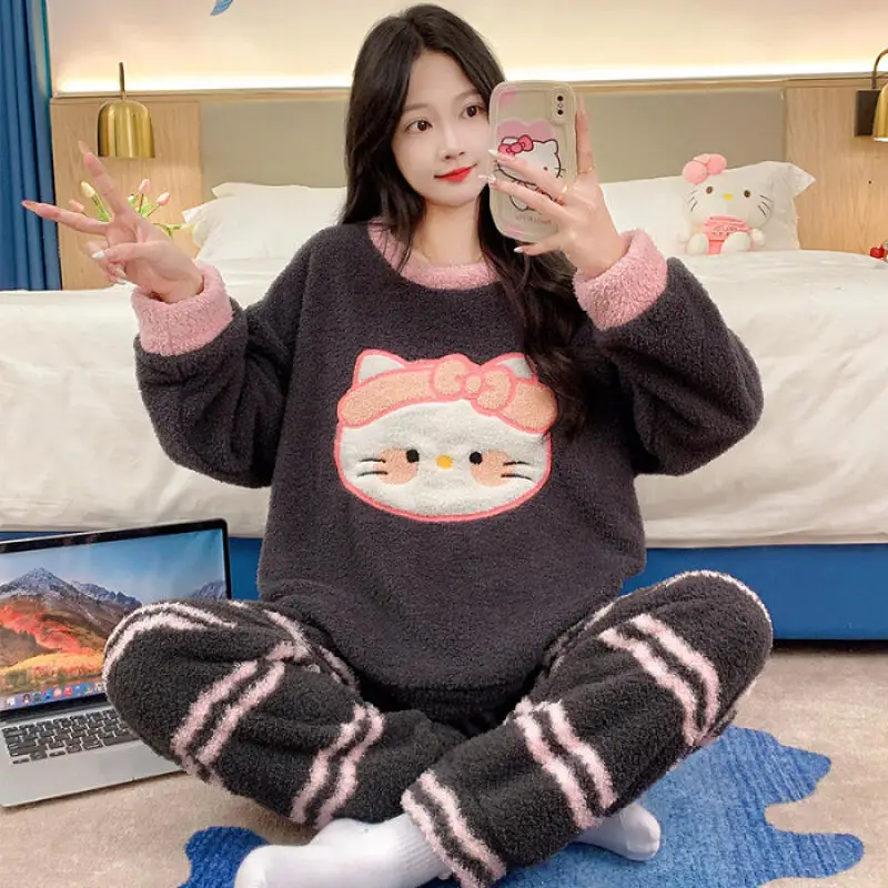

Cartoon Hello Kitty Soft Flannel Female Pajamas Suit Cute Winter Women Coral Velvet Thickened Warm Homewear Girls Lounge Clothes