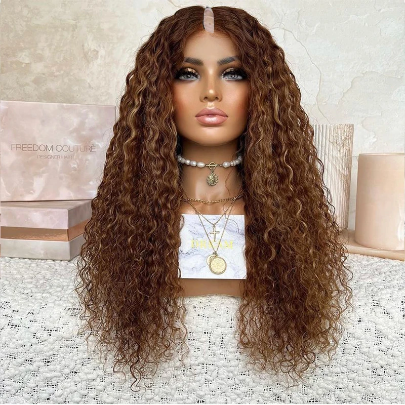 

Highlights Orange Honey Golden Blonde V Part Wig 100% Human Hair Bouncy Curly Chocolate Chentust Brown U Shape Wig Full End 200%