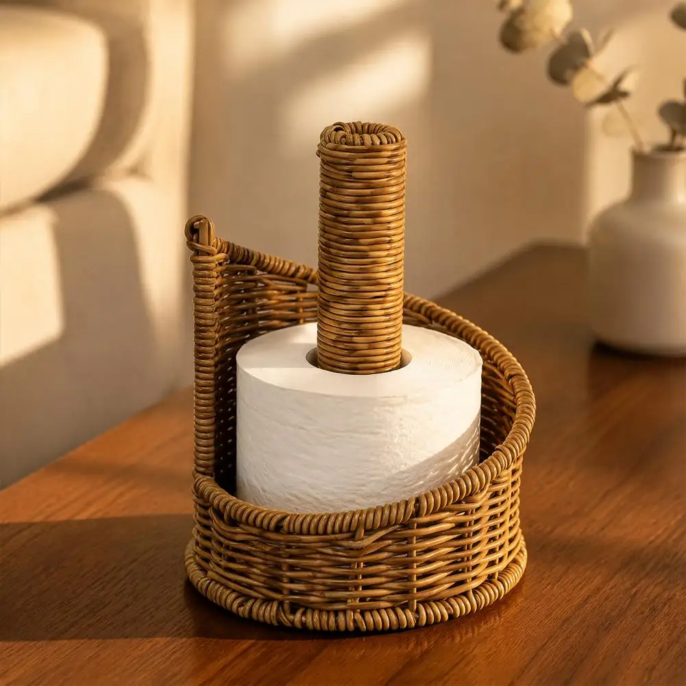 Functional Woven Decor Imitation Rattan Toilet Paper Holder Round Woven Tissue Dispenser Boho Bathroom Countertop for Bedside