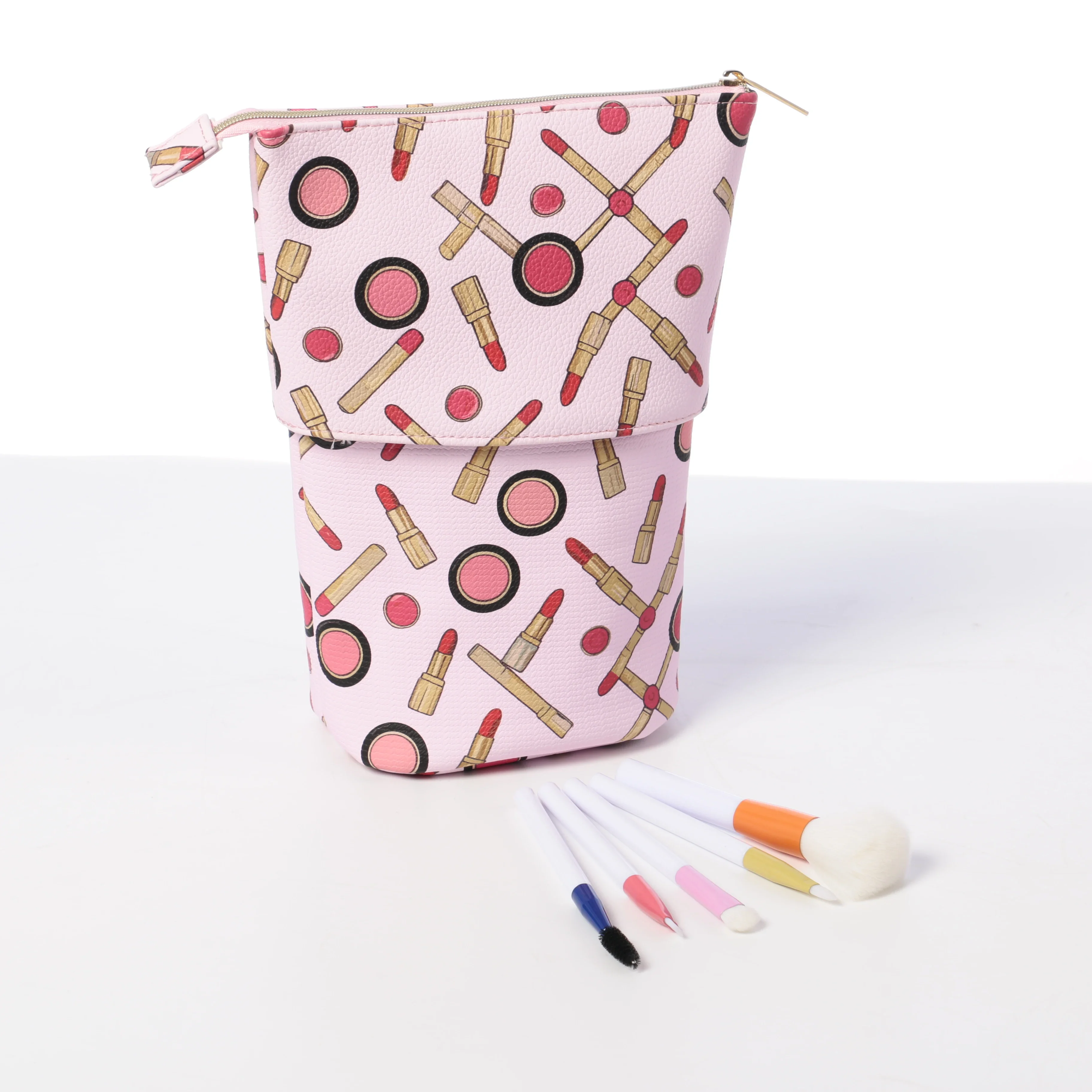 Adjustable Height Stand-Up Cosmetic Organizer, Makeup Brush Holder & Travel Bag, Pink Brush Print Design with 5Pcs Makeup Brush Set