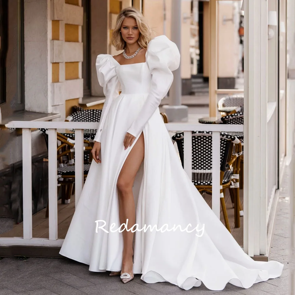 

Redamancy White Square Collar Satin A-LINE Wedding Dresses 2024 Backless Slim Long Floor-Length vestidos de novia Party Dress