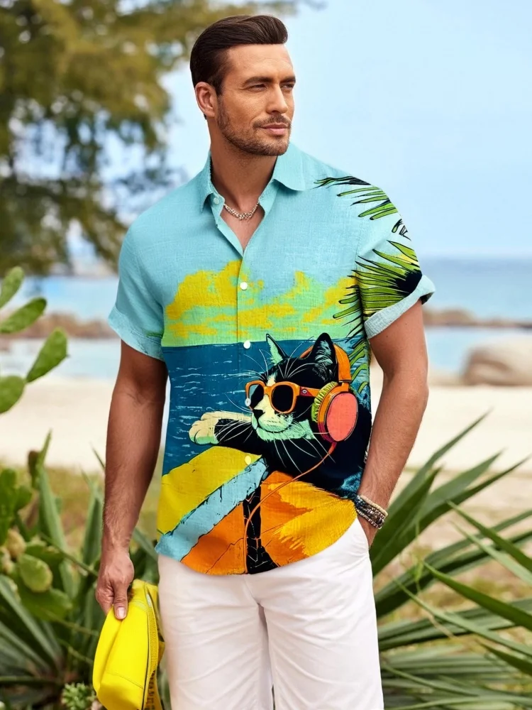 

Animal Lapel Shirt Mens Printed Street Style Blouse Casual Loose Short Sleeve ManClothing with Large Pattern Tops Summer Korean