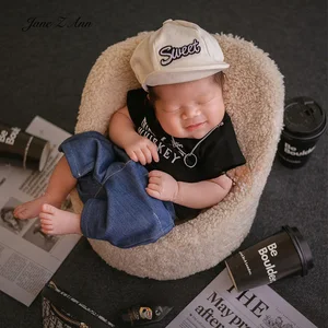 Newborn baby boy photo cool style outfits hat+denim pants+black short sleeve T-shirt studio shooting