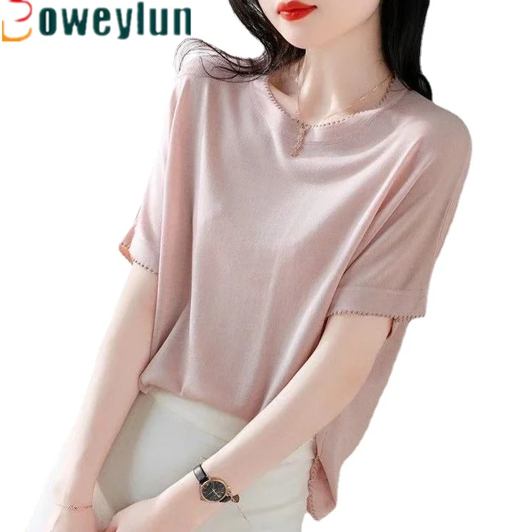 Boeylun New Fashion girocollo manica corta maglione lavorato a maglia donna estate sottile con manica a spalla in pizzo Design t-shirt Top