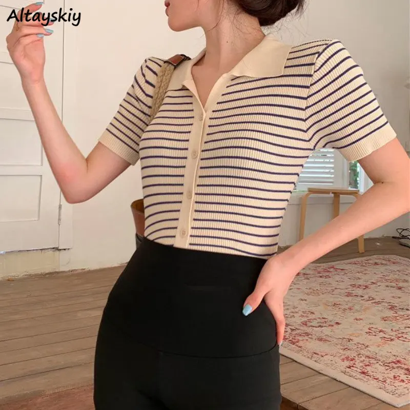 Striped Knitting T-Shirts Women Summer Slim Chic Young Korean Style Popular Basic Casual All-match Tops Design Office Female Ins