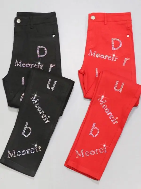 

Fashionable High-Waist Rhinestone Denim Jeans Women's Spring Summer New Style Korean Version Slimming Elastic Ankle-Length Pe...