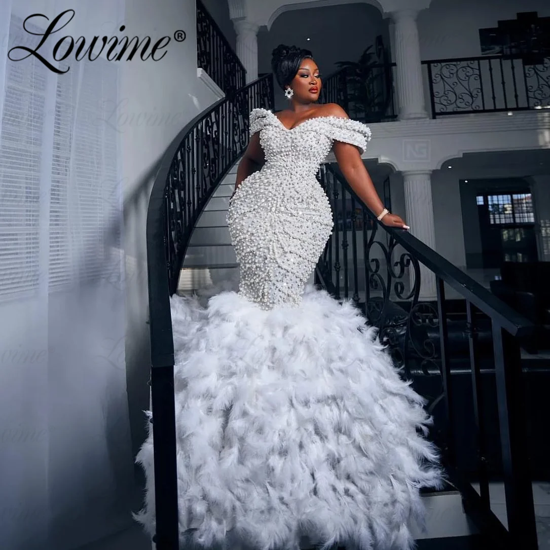 

White Heavy Beaded Pearls Mermaid Wedding Dresses Off Shoulder Luxurious African Bridal Gown Vestidos De Novia Bride Dresses