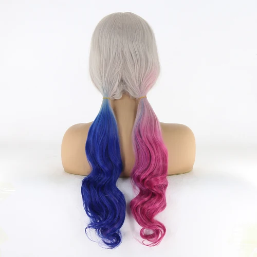 Imagen 2 del producto Cosplay Halloween gris Ombre rosa azul pelo sintético pelucas delanteras de encaje para mujeres fibra resistente al calor pelo largo ondulado pelucas