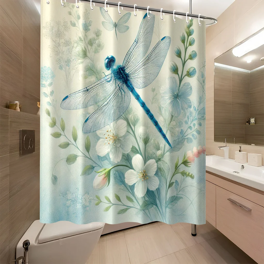 Watercolor Dragonfly Floral Botanical Print Shower Curtain Polyester Bathroom Home Decor Nature Shower Liner