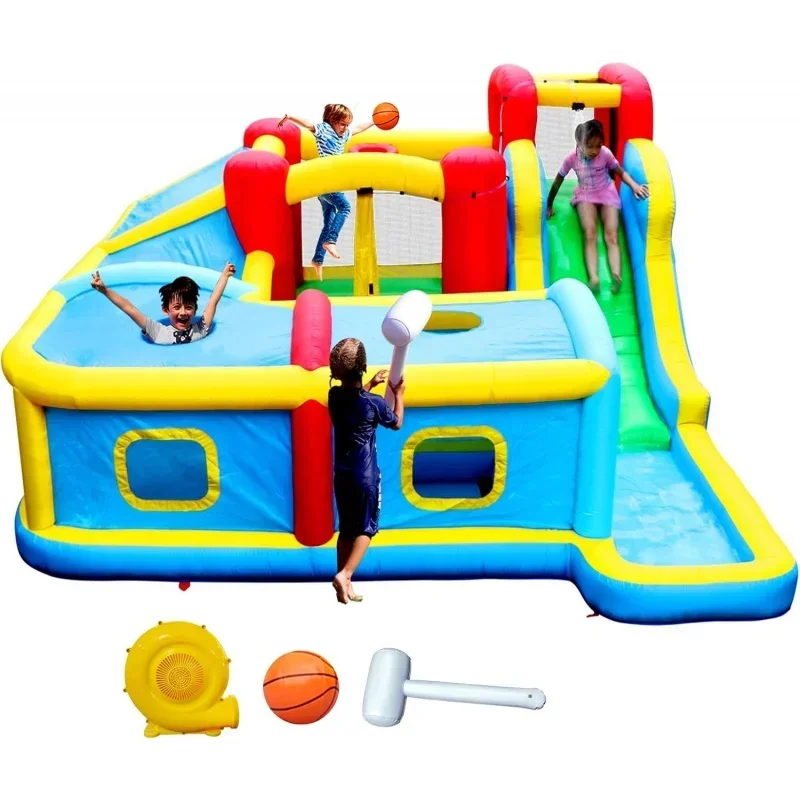 Inflatable Water Slide Park with Blower, Bouncy Castle with Slides Rock Climbing Area Wading Ball Pool Tunnel Trampoline Whack a