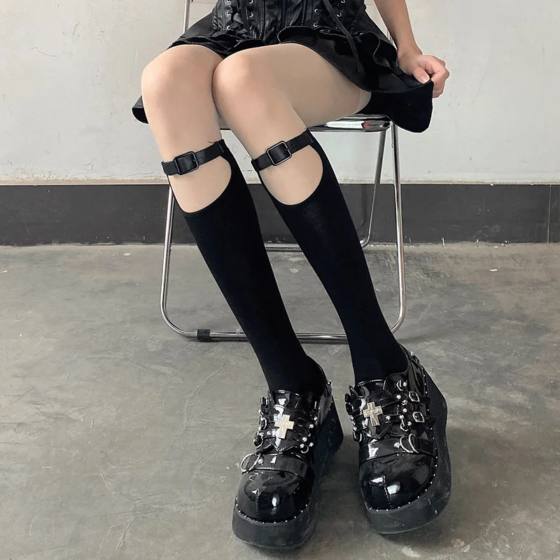 Y Demo Techwear Women Stretchy Thin Middle Tube Socks With Leather Buckles