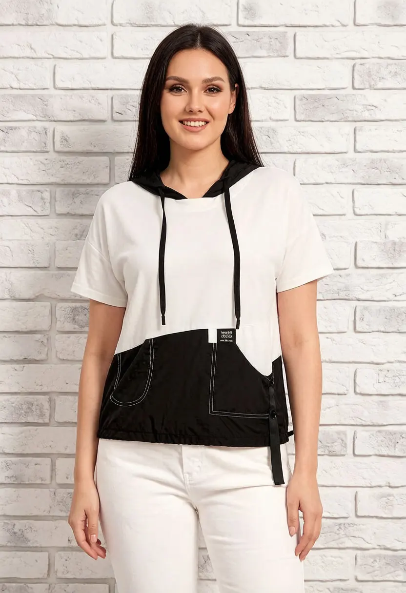 Women Color Block Hooded T Shirt Short Sleeve Casual Loose Fit Patchwork Top with Pocket Summer Streetwear