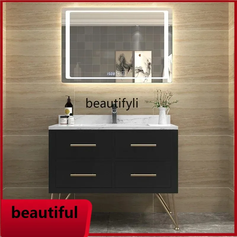 

F156 Bathroom Cabinet Oak Light Luxur Washstand round Mirror Floor Bathroom Cabinet Nordic Wash Mirror Cabinet