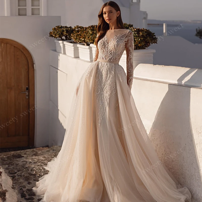 2-in-1 Abnehmbares Brautkleid aus Organza mit Spitze und Pailletten Meerjungfrau-Ballkleid O-Ausschnitt Langarm Maßgeschneidertes Vestido De Novia
