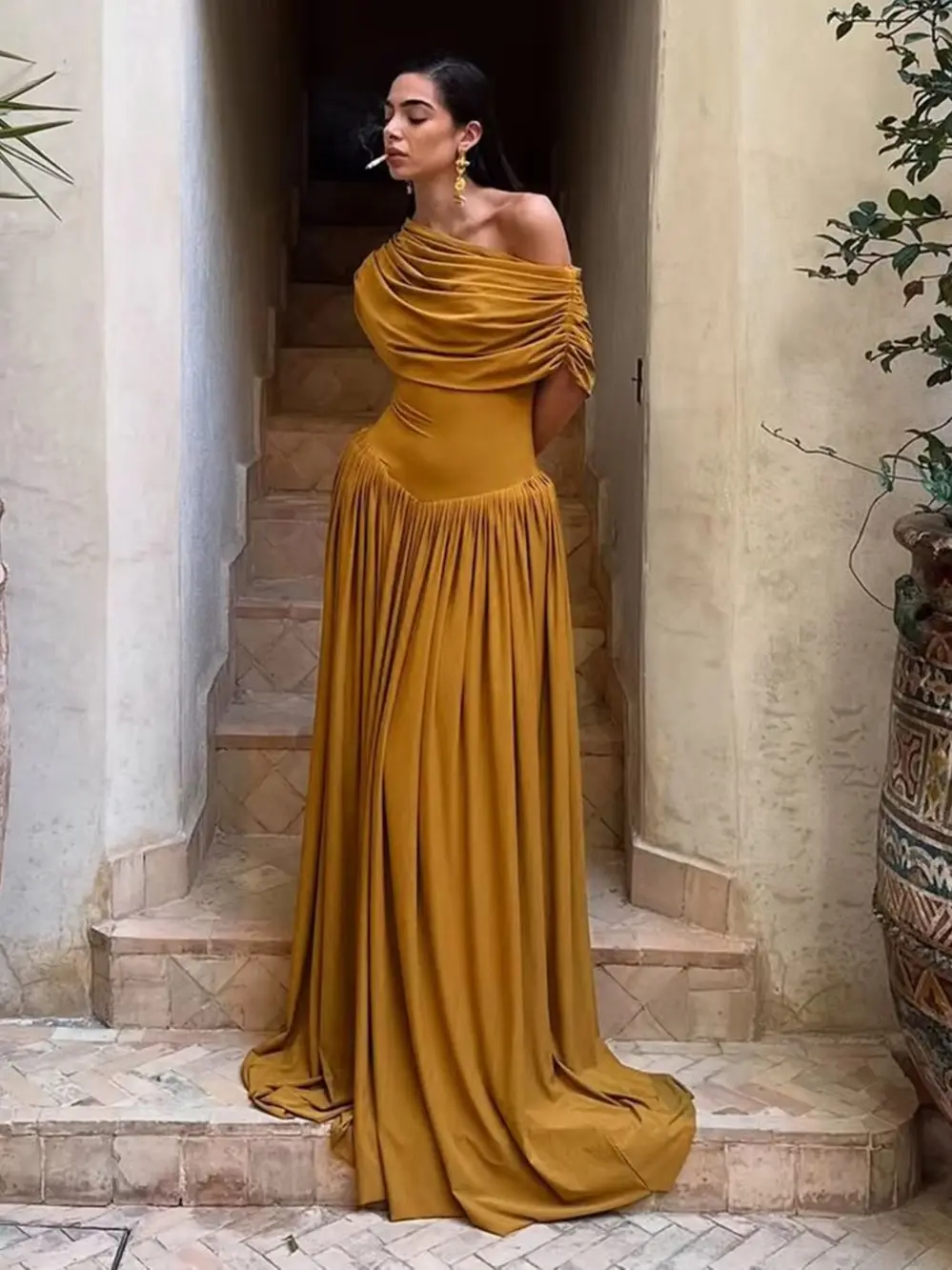 Modphy Women Solid Sleeveless Slanted Collar Party High Waist Pleats Long Dress Lady Elegant One Shoulder Slim Banquet Dress