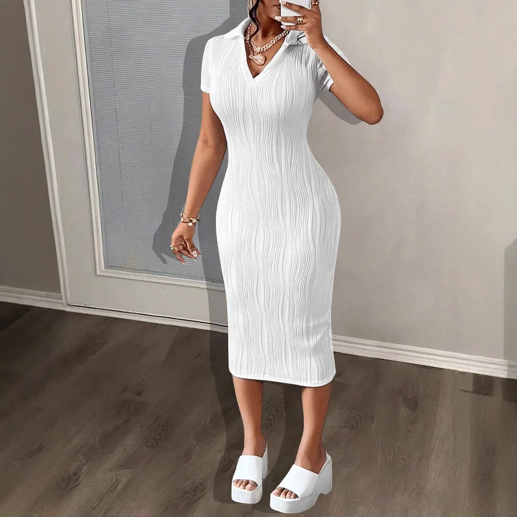 

2026 New Spring Summer Women's Shirt Dress V Neck Casual Fashion Ruched Short Sleeve Elegant Soft Comfortable Wear Midi Dresses