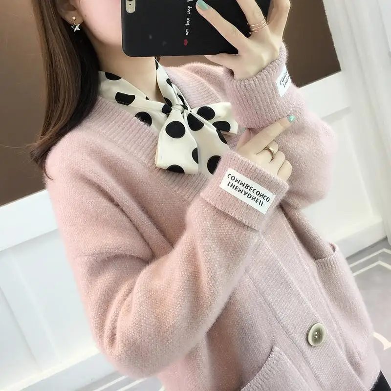 Femme Thick Lazy Style Three-dimensional Label Decorate Cardigan Keep Warm Knitting Sweaters Korean Button Straight Pocket Solid