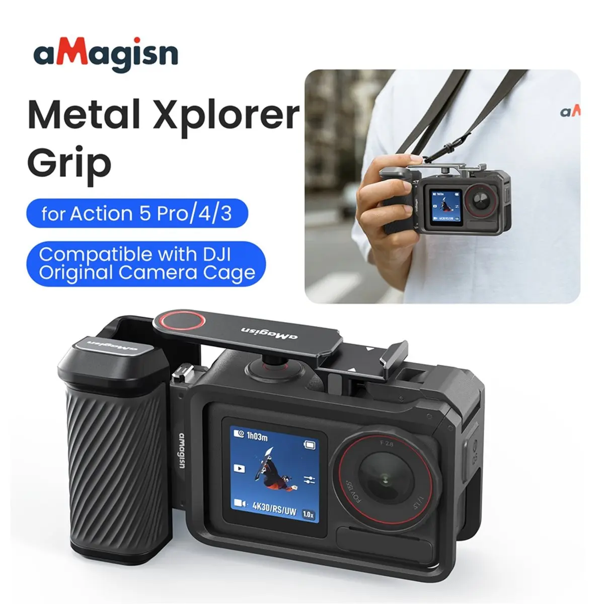 

Металлическая рукоятка-держатель A41T AMAGISN для уличной съемки для DJI Action 5 Pro/4/3, ручка для съемки, аксессуары для фотокамер
