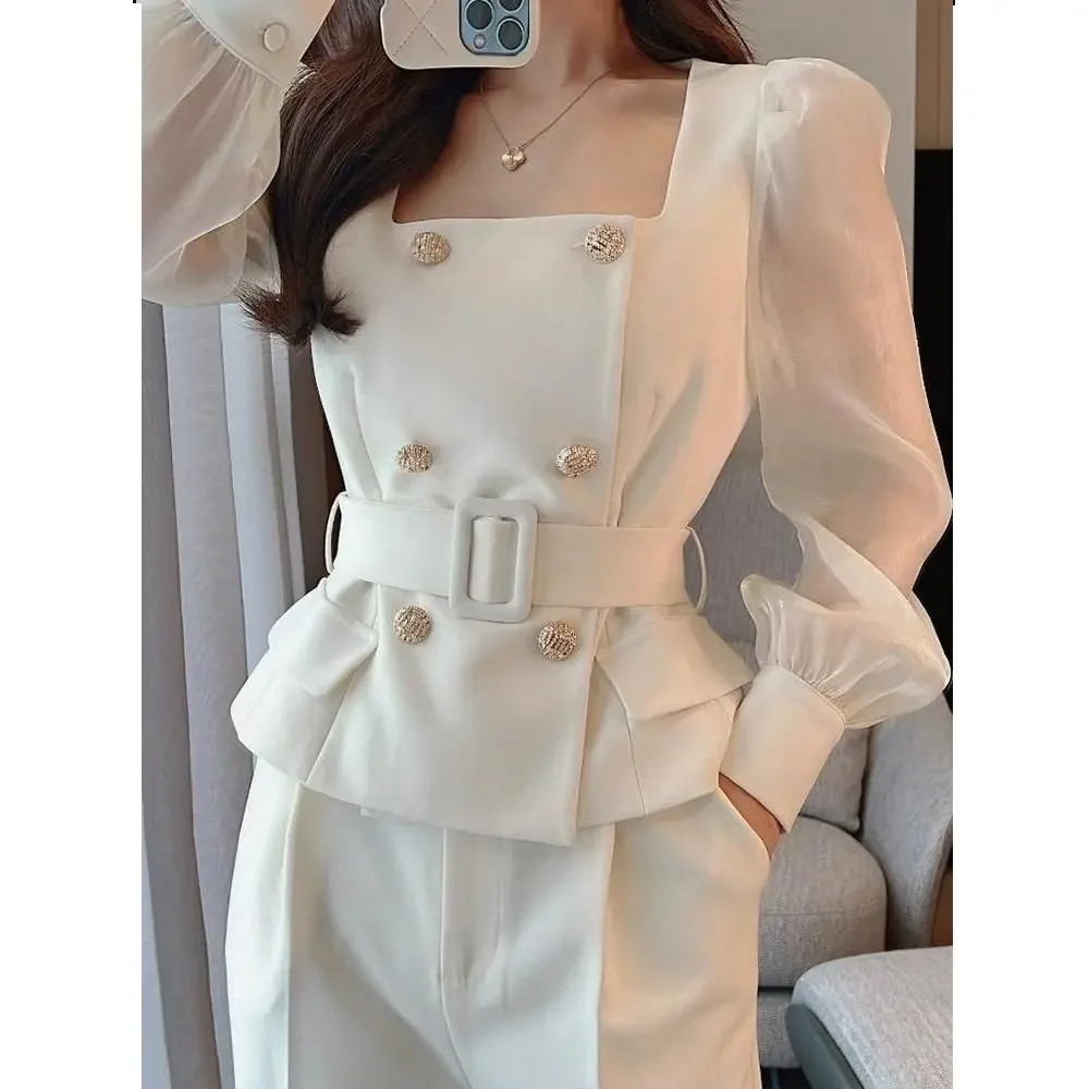 Women Double breasted Suit Coat  Mesh Spliced Sleeve Blazers Cardigan Square Collar OL Jacket Tops+ Wide Leg Pants 2pcs Set 2023