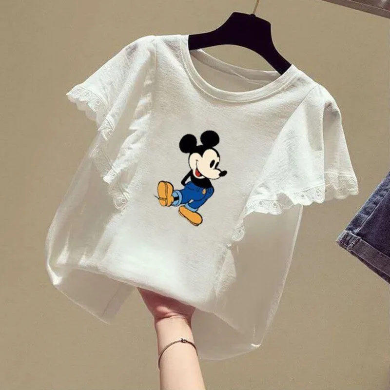 

2026 Girls Lace Trim Short Sleeve Tee, Korean Loose Print Top for Big Kids Summer