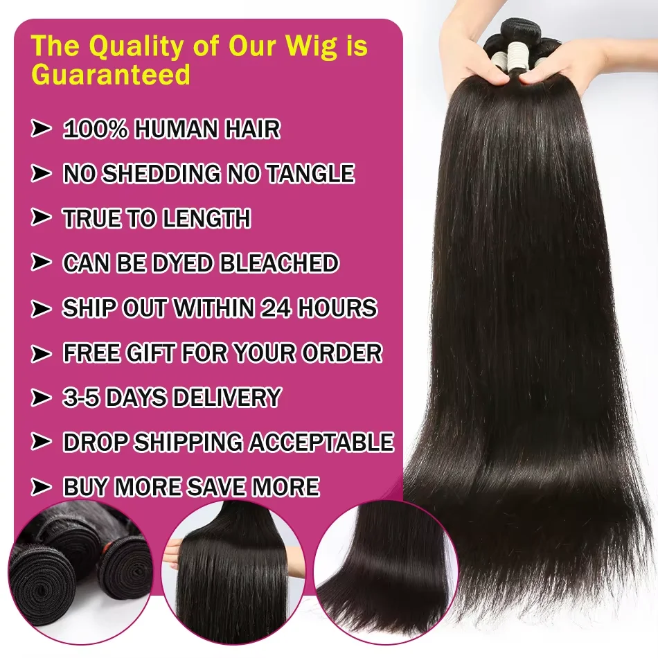 Rambut Manusia Bone Straight 30 Inch, Bundel 16A Hitam Alami 100% Rambut Asli Remy Raw, Ekstensi Rambut Brazilian