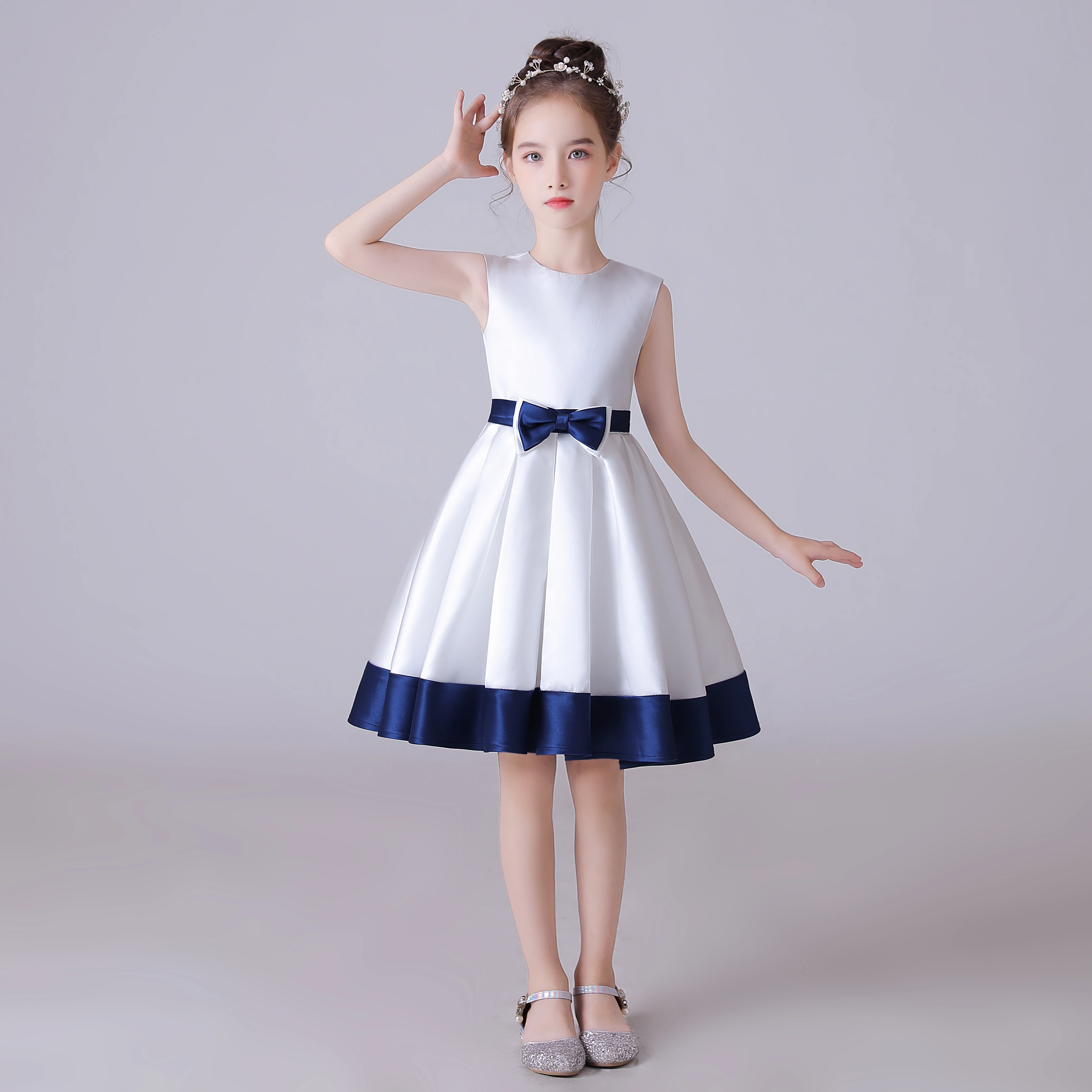 Dideyttawl White Dress For Girl O-Neck Satin Bow Flower Girl Dresses Kids Birthday Formal Princess Gowns