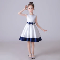 Dideyttawl White Dress For Girl O-Neck Satin Bow Flower Girl Dresses Kids Birthday Formal Princess Gowns