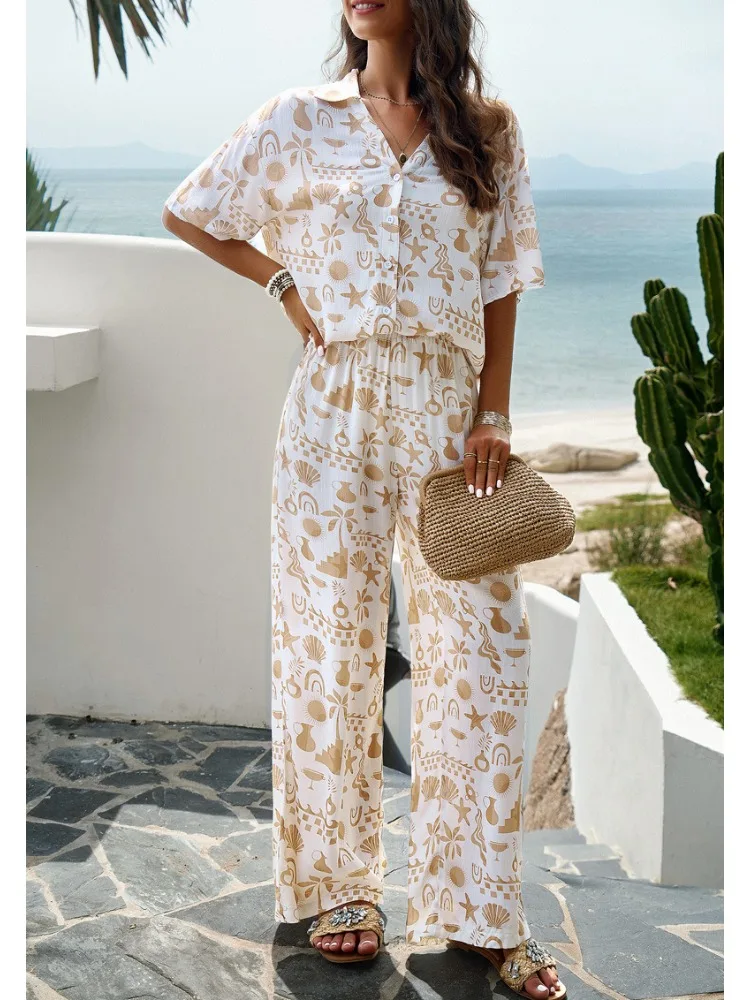 FTLZZ Spring Summer Women Pants Two Piece Sets V-neck Button Tops and Wide-leg Trousers Casual Lady Floral Print Suits