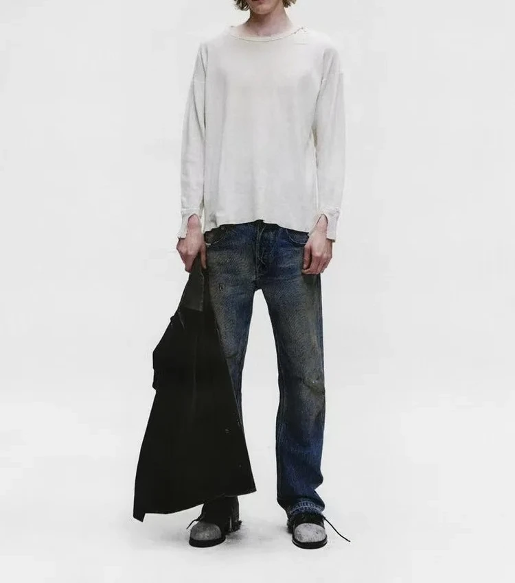 

ER/D 25FW Old Dirty White Slogan Printed Waffle Long Sleeve T-Shirt