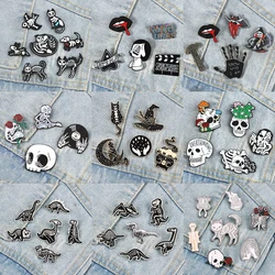 4-7pcs Cool Punk Style Brooches Skeleton Skull Animal Dinosaur Cat Dark Enamel Badge Gothic Bag Shirt Pin Jewelry Gift Wholesale