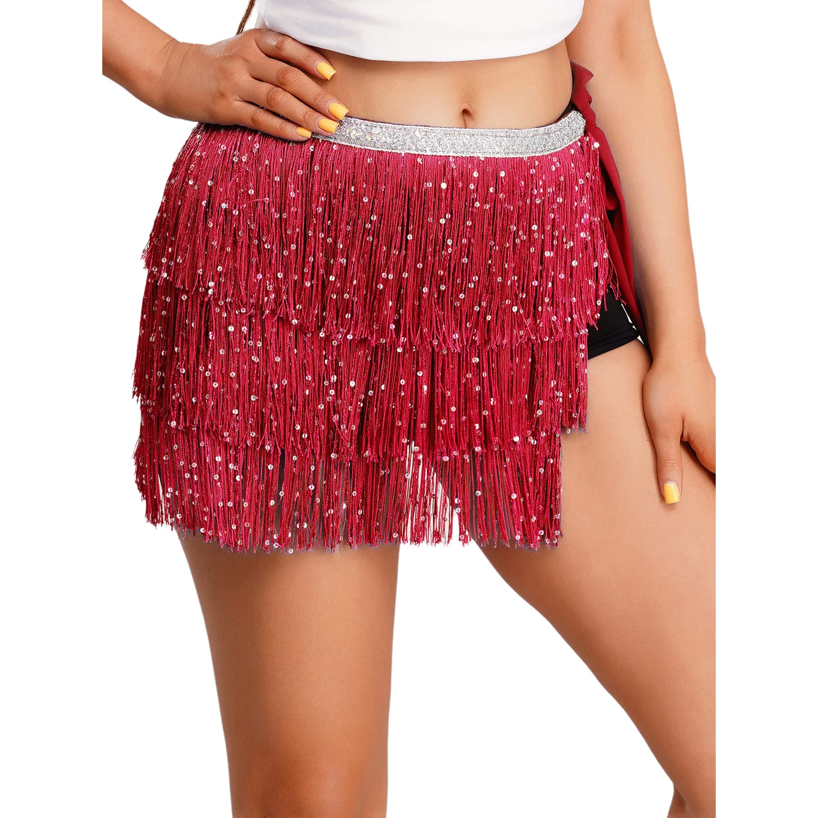 Women Belly Latin Cha-cha Jazz Dance Hip Scarf Waist Chain Sequin Tiered Tassel Lace-up Waist Skirt Hip Wrap Dancing Skirts