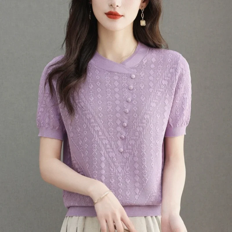 

2025 Summer Thin Ice Silk Knitted T Shirts for Women Elegant Fashion Chic O Neck Short Sleeve Knitwear Tops Ladies Casual Tees